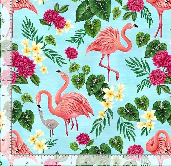 Tropical Flamingo Cotton Fabric-  Fat Quarter - 100% Cotton - TT-Rosie CD2118 Aqua - Flamingos & Tropical Florals Timeless Treasures