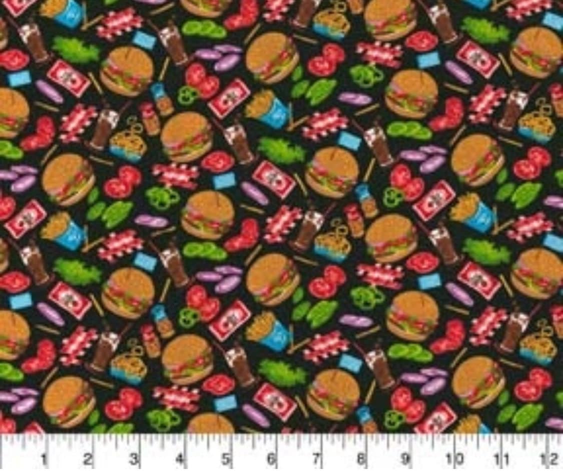 Diner Food on Black Cotton - Cotton Fabric- Continuous cuts - 100% Cotton