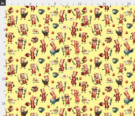 Bacon and Eggs on Yellow 100% Cotton fabric -Continuous Cuts