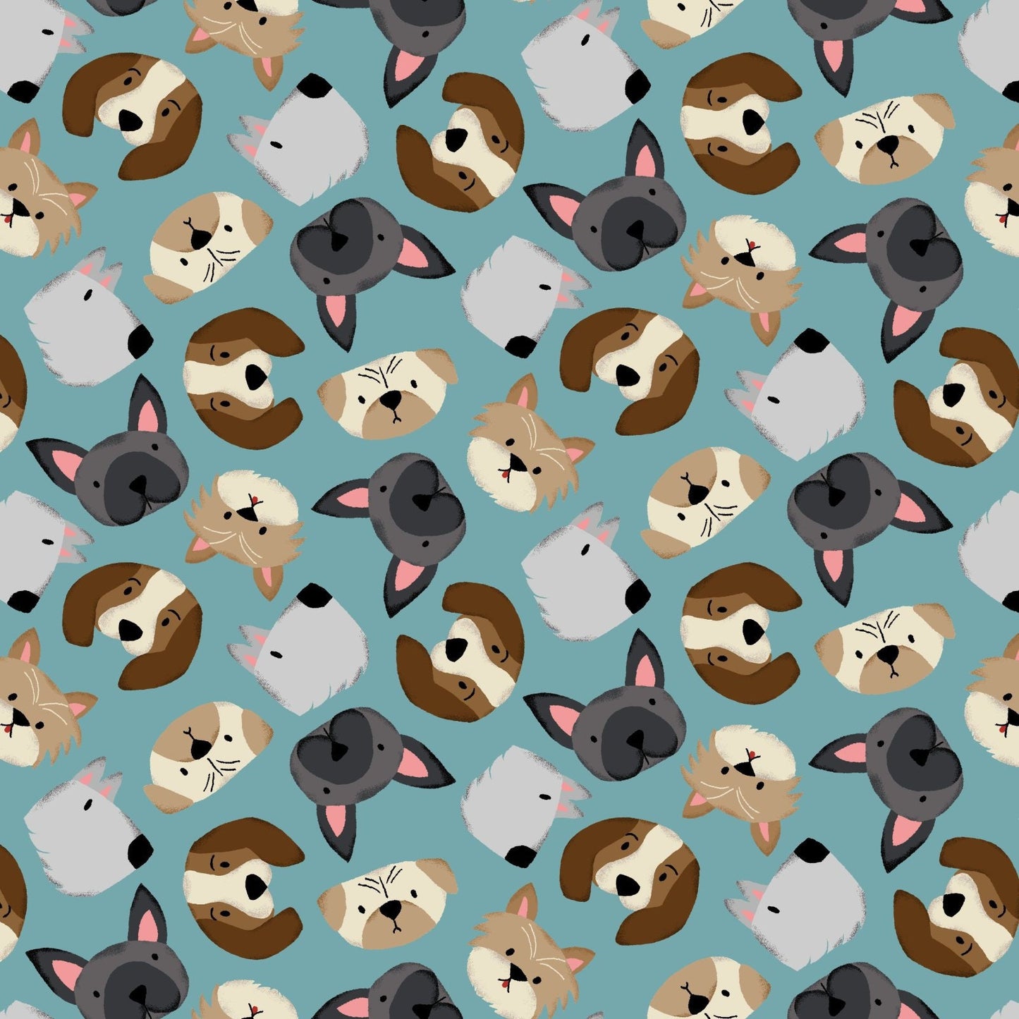 Tossed Puppy dog Faces 100% Cotton Fabric - Continuous cuts- SE-Paw-sitively Awesome 7449-66 Teal - Tossed Dog Heads- Studio E