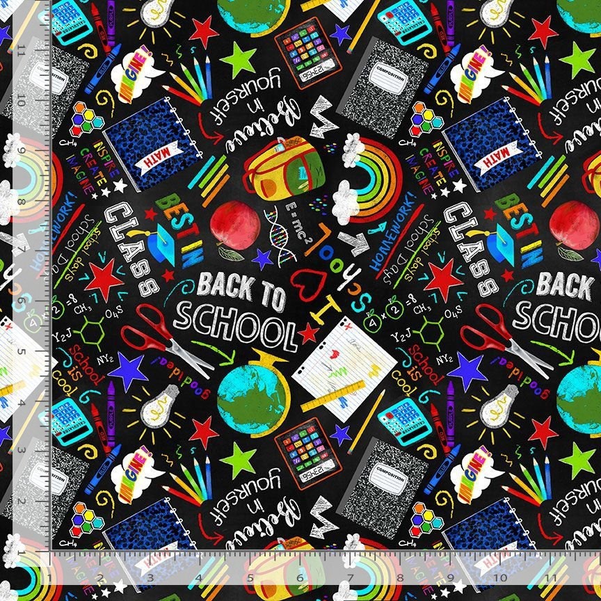 Back to School Novelty Cotton Fabric -  100% Cotton - continuous cuts TT-Fun CD3023 Black - Back to School Chalk Print