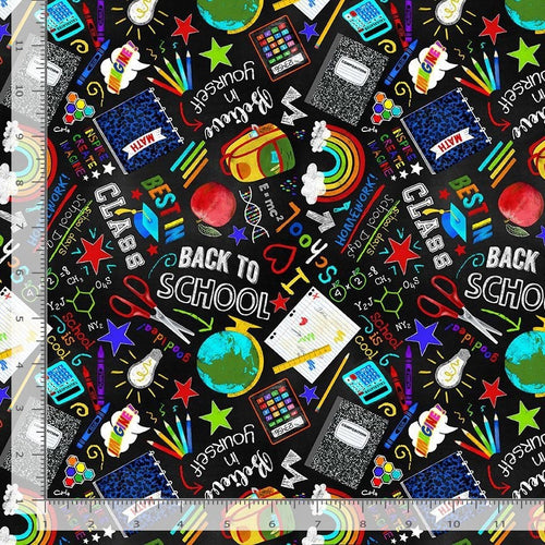 Back to School Novelty Cotton Fabric - 100% Cotton - continuous cuts TT-Fun CD3023 Black - Back to School Chalk Print