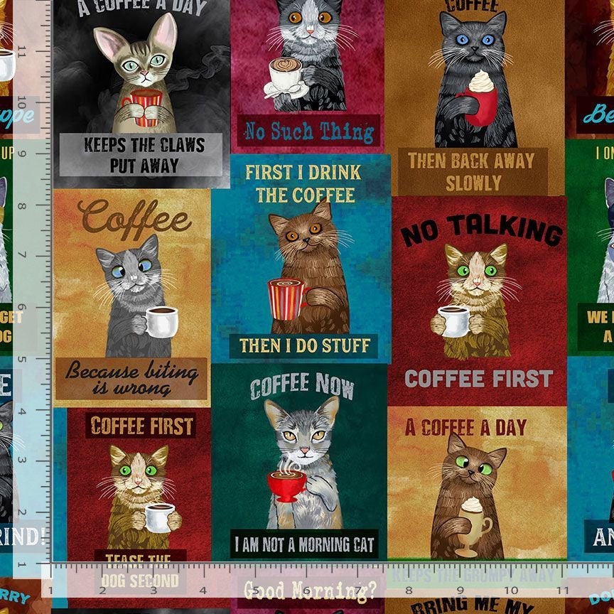 Coffee Cats Cotton Fabric - 100% Cotton- Continuous Cuts Timeless Treasures TT-Gail CD3340 Multi