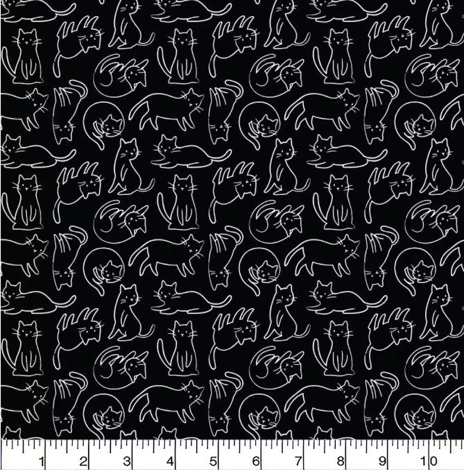 Meow Black and White Cat Cotton Fabric - 100% Cotton- Continuous Cuts