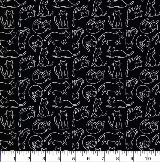Meow Black and White Cat Cotton Fabric - 100% Cotton- Continuous Cuts -
