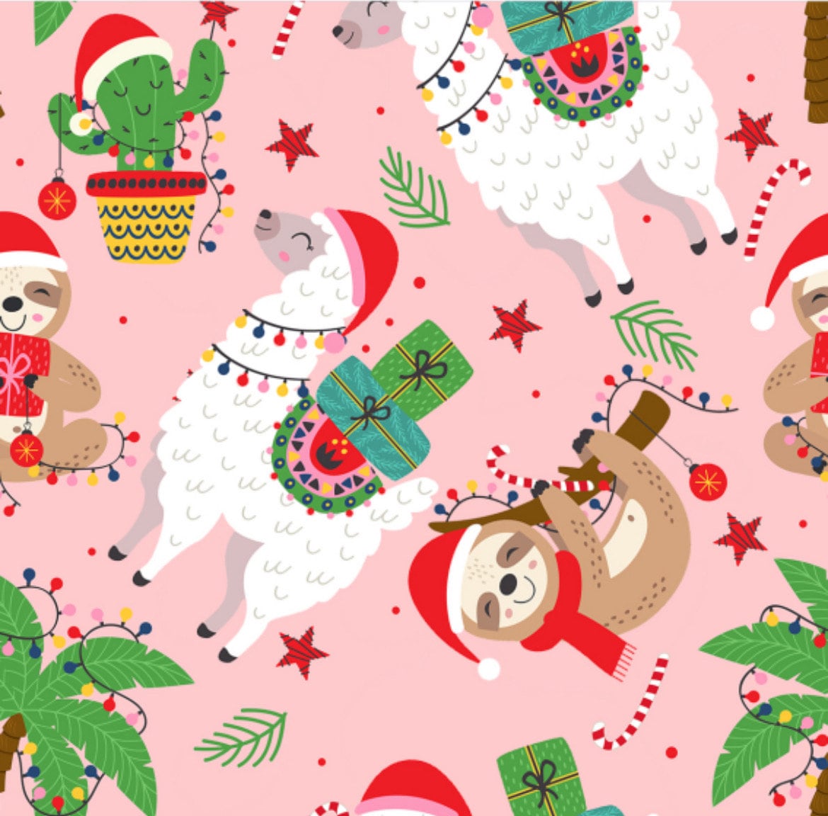 Christmas Llama Sloth  Fabric - 100% Cotton - Fabric