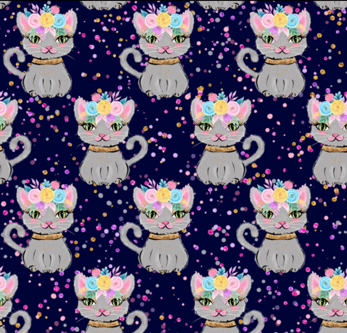 Pretty Floral Cats Cotton Fabric - 100% Cotton- Continuous Cuts