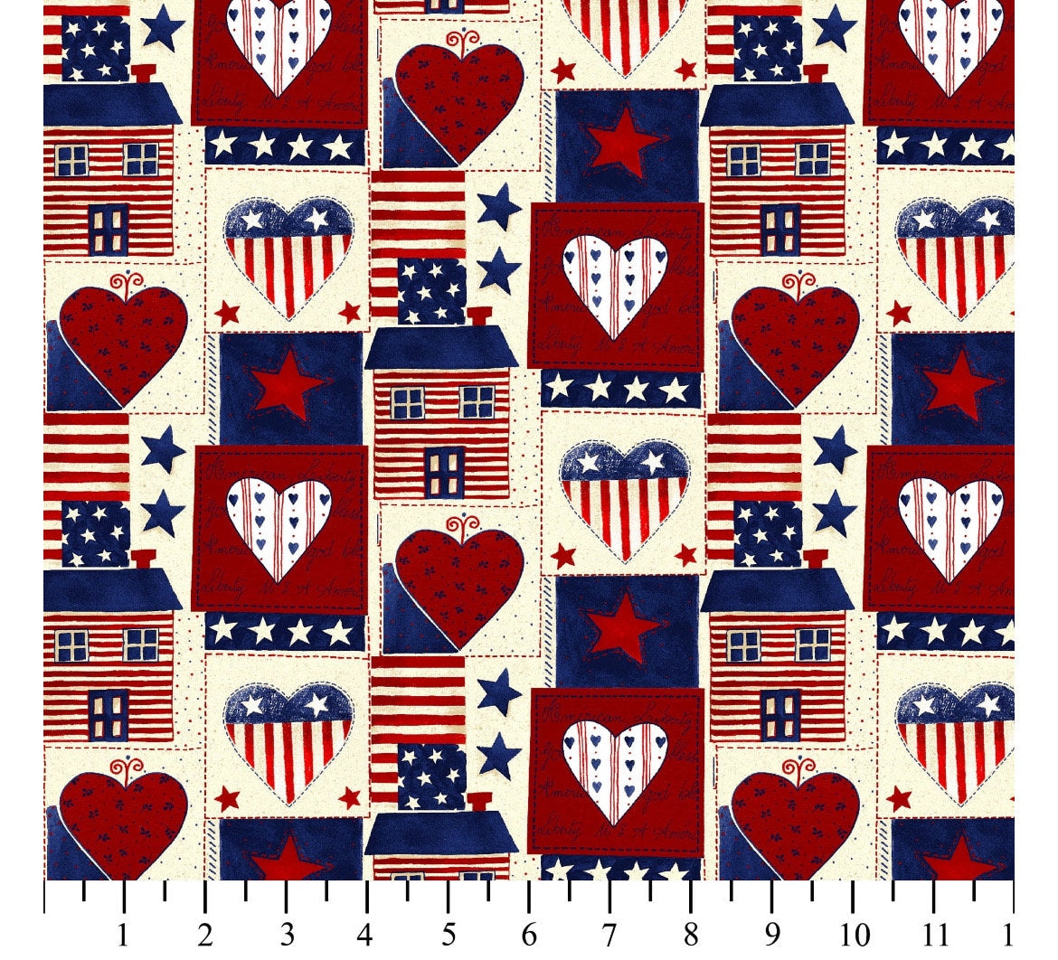 Americana Heart Fat Quarters Cotton Fabric- 100% Cotton- David Textiles