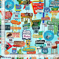 TT-Michael CD3059 Blue - Route 66 Road Signs Cotton Fabric 100% Cotton - continuous cuts Planes, Trains, Trucks