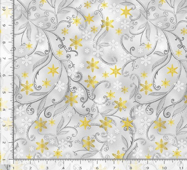 Metallic Accent Vines Christmas Cotton fabric - 100% Cotton -TT-Holiday CM2577 Dove - Leafy Vines & Snowflakes