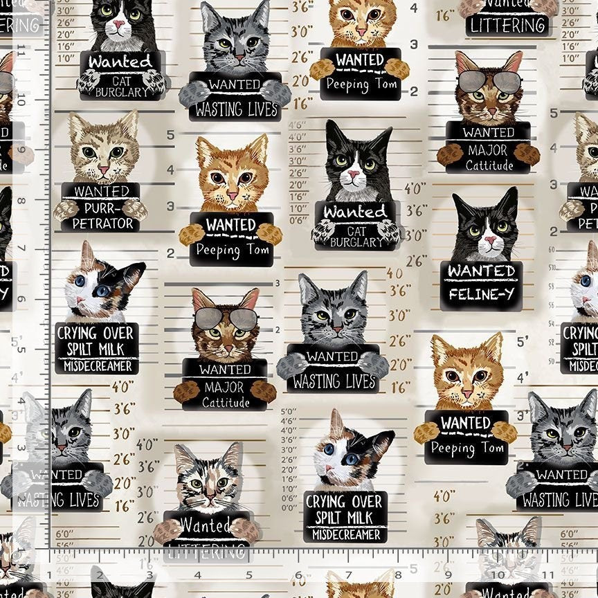 Cat Mugshots Beige Cotton Fabric - 100% Cotton- Continuous Cuts Timeless Treasures