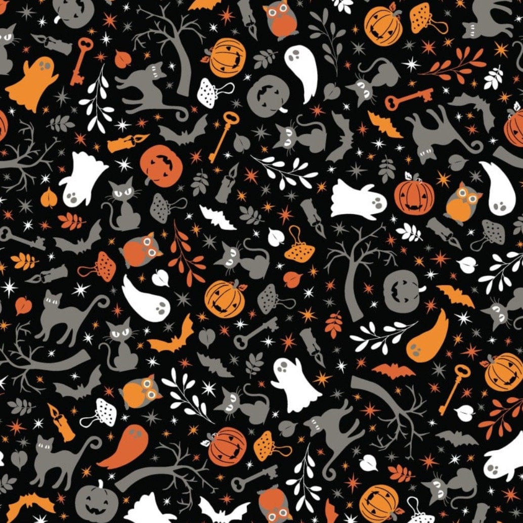 Pumpkins and Potions Black Scatter Kimberbell Halloween Fabric - Kimberbell - Maywood Studios - Cotton Halloween Fabric