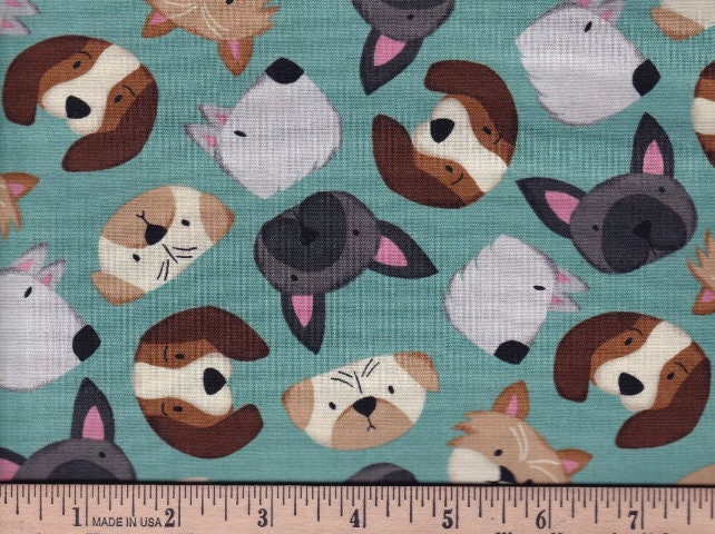 Tossed Puppy dog Faces 100% Cotton Fabric - Continuous cuts- SE-Paw-sitively Awesome 7449-66 Teal - Tossed Dog Heads- Studio E
