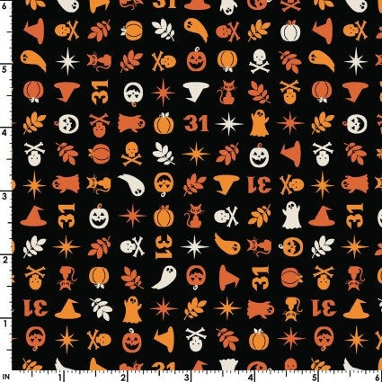 Pumpkins and Potions Halloween Charms Black Halloween Fabric - Kimberbell - Maywood Studios - Cotton Halloween Fabric MAS10573-J