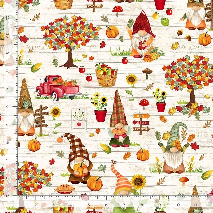 Gnomes Pumpkin Patch & Apple Picking - 100% Cotton - Autumn - Fall - Gnomes - TT-Gail CD2127 Cream -
