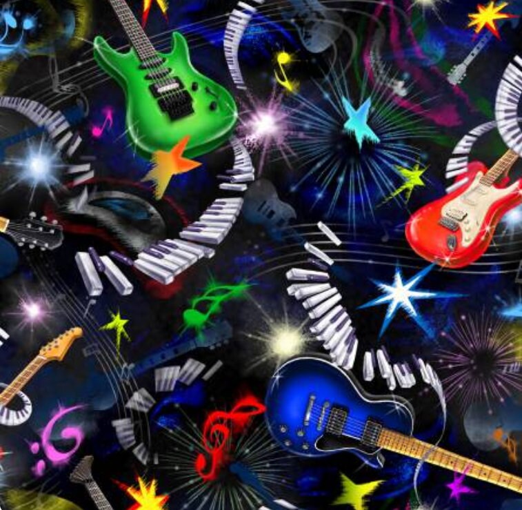 Tossed Guitars Cotton Fabric - 100% Cotton - Oasis Fabrics OF-Rockin' Out Master Guitar OA597531