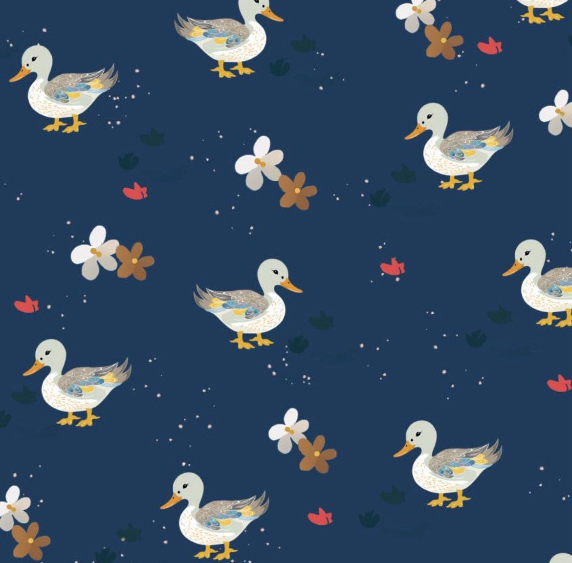 Ducks on Navy cotton fabric Continuous cuts- 100% Cotton- Drewie Pie Fabrics