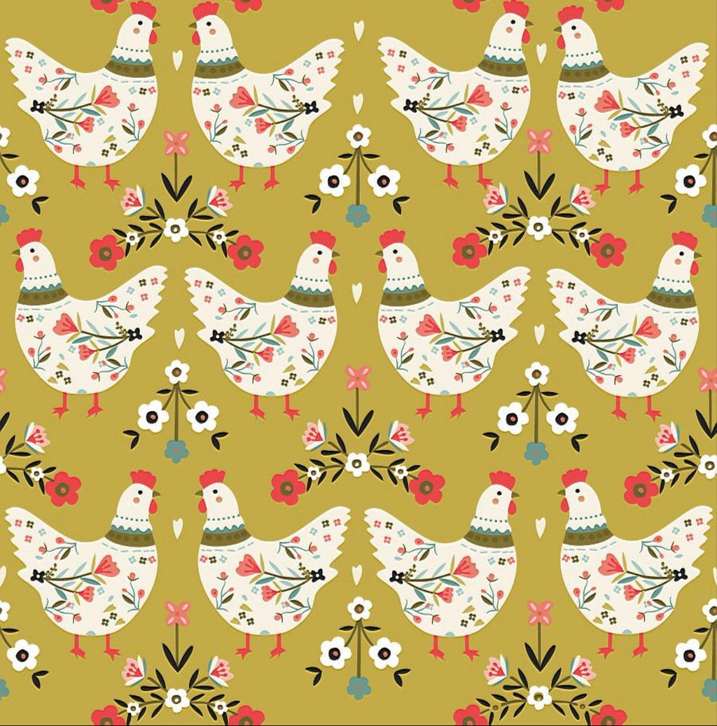 Mustard Yellow Chickens and Roosters cotton Fabric - 100% Cotton -Continuous Cuts