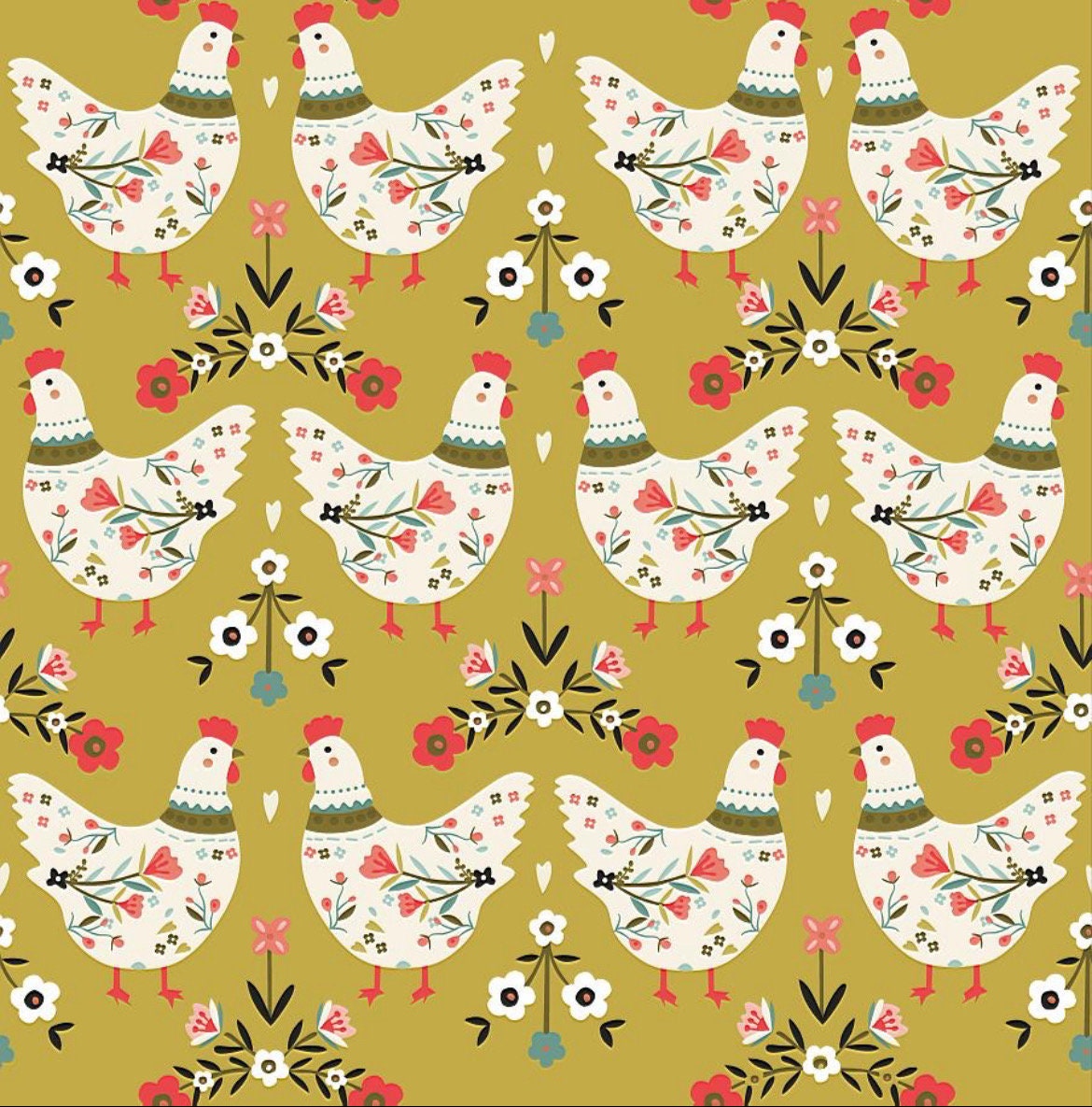 Mustard Yellow Chickens and Roosters cotton Fabric - 100% Cotton -Continuous Cuts