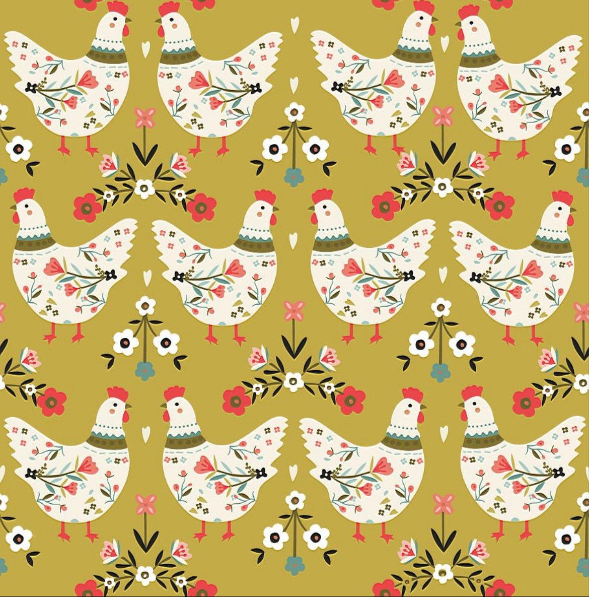 Mustard Yellow Chickens and Roosters cotton Fabric - 100% Cotton -Continuous Cuts