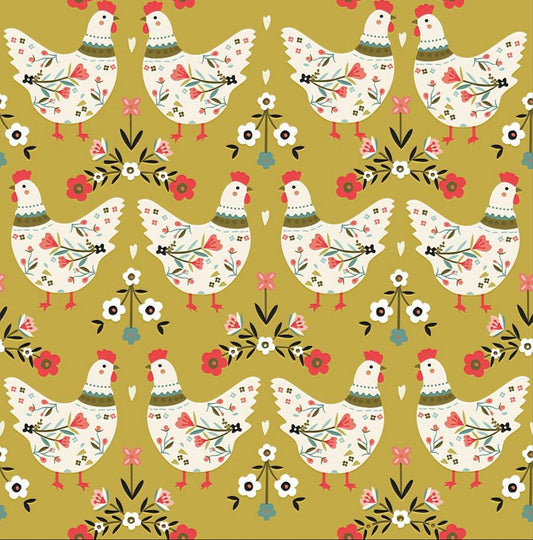 Mustard Yellow Chickens and Roosters cotton Fabric - 100% Cotton -Continuous Cuts