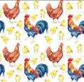 Patterned Roosters and Chicks Fabric - Hens and Chicks on White- 100% Cotton - By the Yard - Fat Quarters -