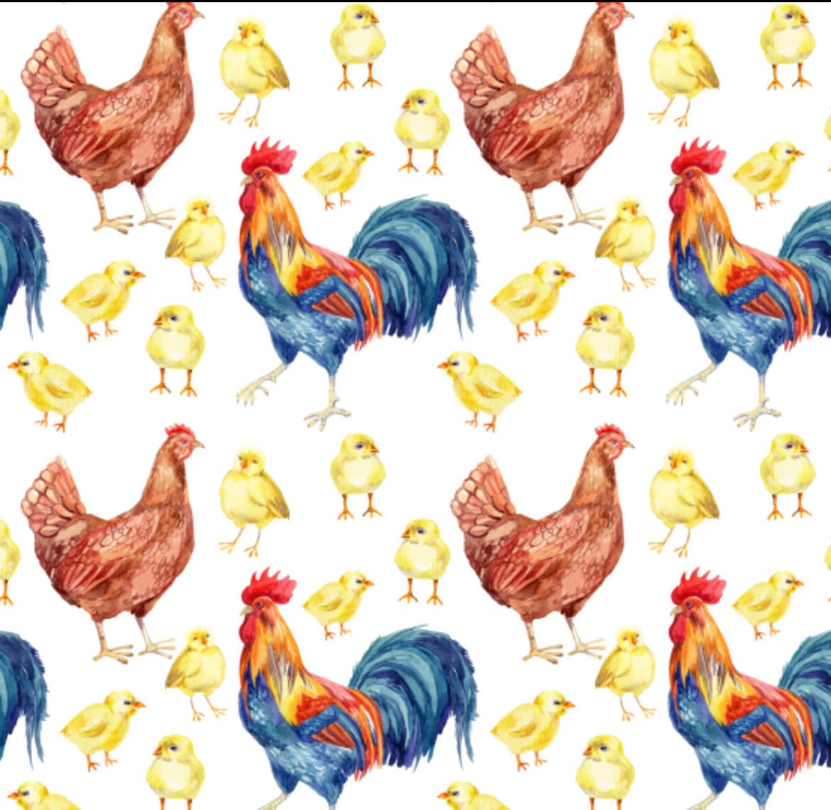 Patterned Roosters and Chicks Fabric - Hens and Chicks on White- 100% Cotton - By the Yard - Fat Quarters -