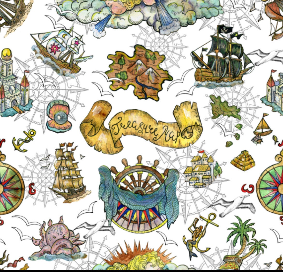 Pirate Treasure Map Cotton fabric 100% Cotton - Fabric - continuous cuts Planes, Trains, Trucks