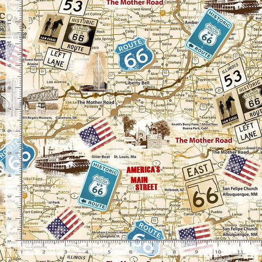TT-Michael CD3060 Neutral - Route 66 Antique Map - 100% Cotton - Fabric - continuous cuts Planes, Trains, Trucks