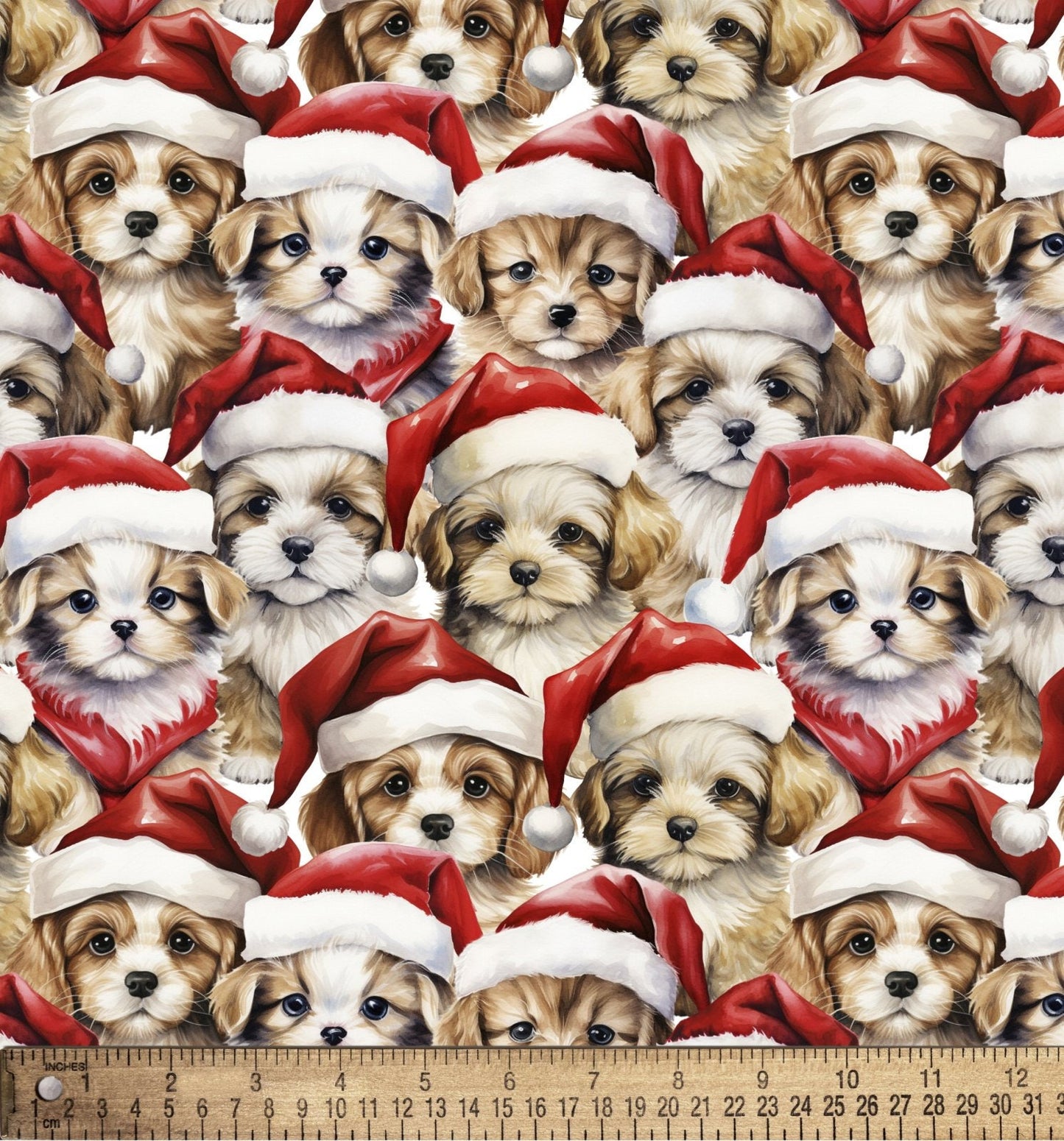 Santa Puppies Christmas Fabric 100% Cotton Continuous cuts