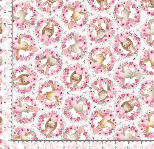 Cute Floral Bunny Heads Easter cotton fabric 100% Cotton Continuous Cuts TT-Kidz CD2248 Pink