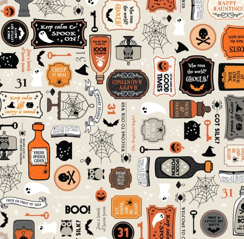 Pumpkins and Potions Cream Kimberbell Halloween Fabric - Kimberbell - Maywood Studios - Cotton Halloween Fabric