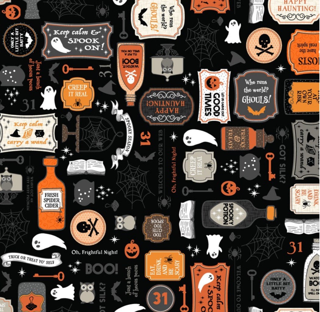 Pumpkins and Potions Black Kimberbell Halloween Fabric - Kimberbell - Maywood Studios - Cotton Halloween Fabric