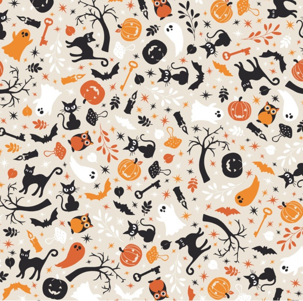 Pumpkins and Potions Cats and Ghosts Cream Kimberbell Halloween Fabric - Kimberbell - Maywood Studios - Cotton Halloween Fabric MAS10571-E