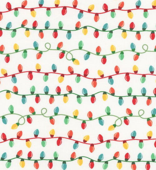 Christmas sting lights on White Holiday 100% Cotton Fabric- continuous cuts - Be Merry 3WI22279-WHT Light Strings - 3 Wishes Fabrics