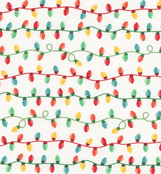 Christmas sting lights on White Holiday 100% Cotton Fabric- continuous cuts - Be Merry 3WI22279-WHT Light Strings - 3 Wishes Fabrics