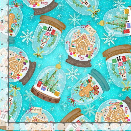 Gingerbread Dreams Turquoise Snow Globes 100% Cotton - Timeless Treasures continuous cuts- GAIL CD2834
