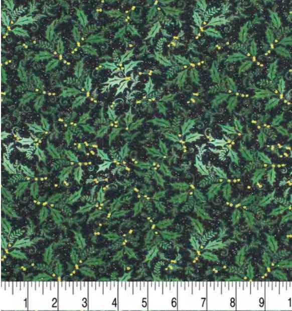 Green Holly Leaves Glitter cotton fabric- continuous cuts - cotton fabric- fast shipping!