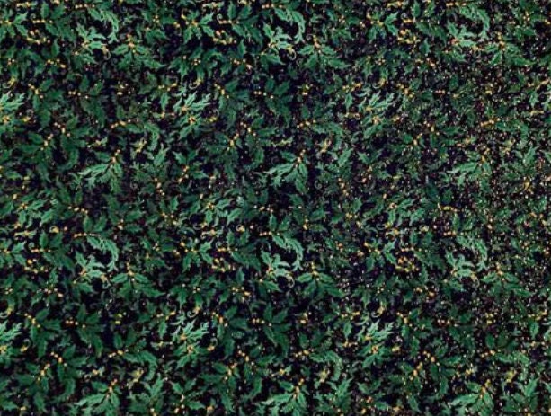 Green Holly Leaves Glitter cotton fabric- continuous cuts - cotton fabric- fast shipping!
