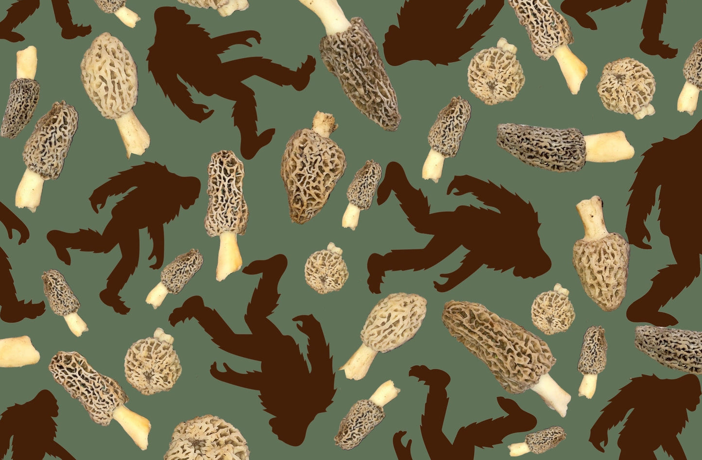 Sasquatch Morel Mushrooms Scatter Cotton Fabric on Green fabric-  100% Cotton