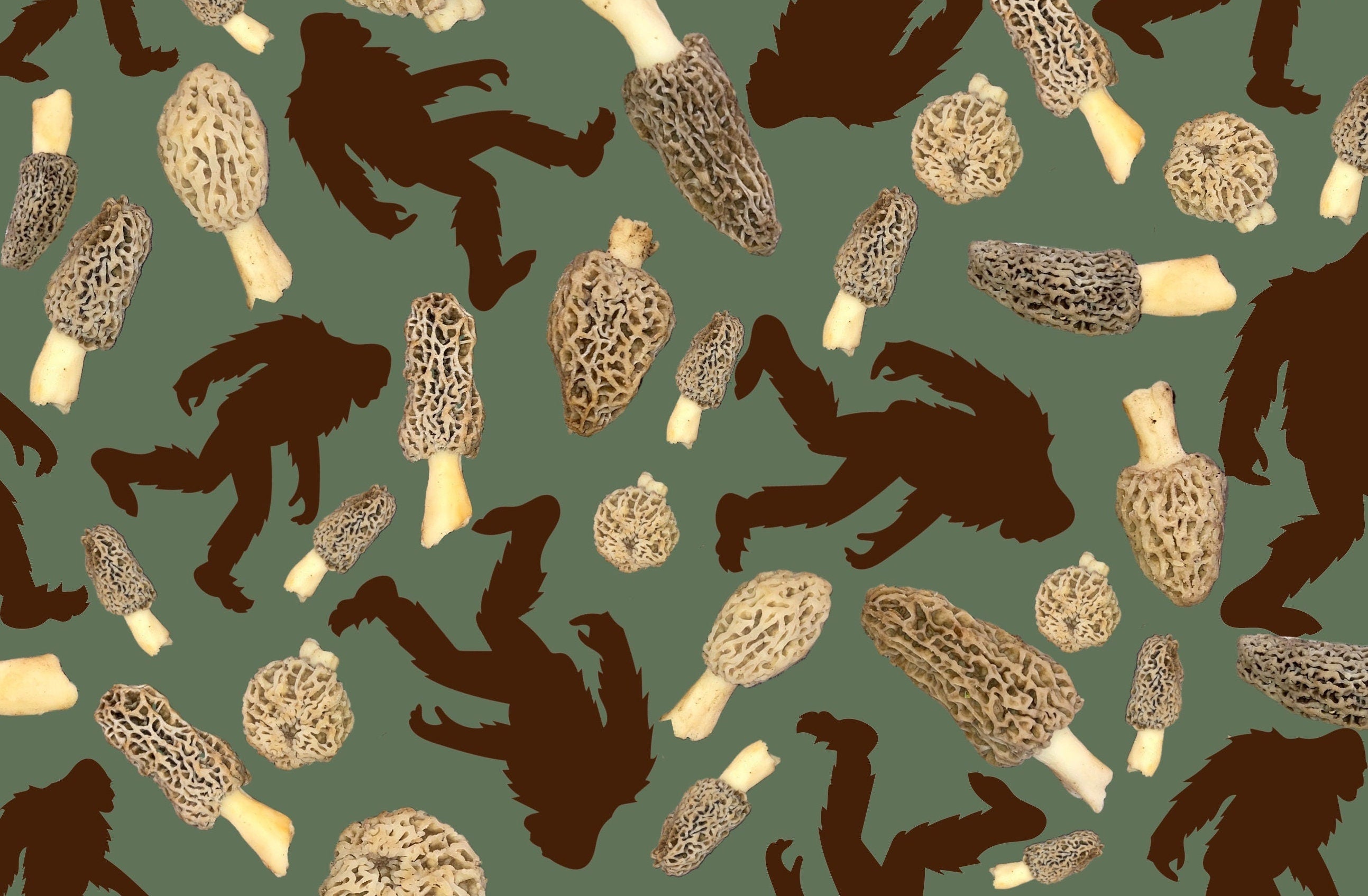 Sasquatch Morel Mushrooms Scatter Cotton Fabric on Green fabric- 100% Cotton