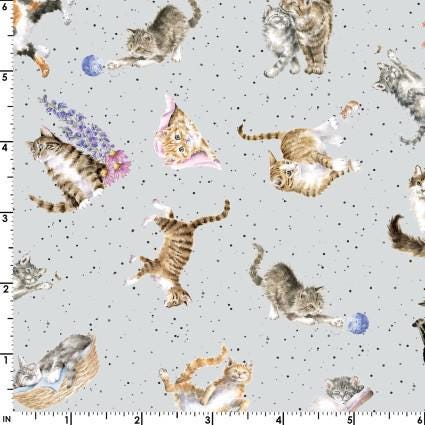 Tossed Cats on Gray 100% Cotton Fabric - MAS10416-K Whiskers & Paws Designer: Hannah Dale Cats - Continuous Cuts