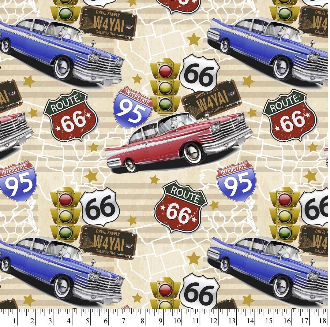 Route 66 Traveling themed Cotton fabric-Fat Quarters  - 1 yard cuts -100% Cotton -
