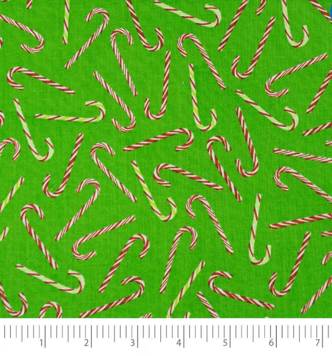 Holiday Candy Canes on Green- 100% Cotton Fabric  Continuous Cuts - Fast Shipping -