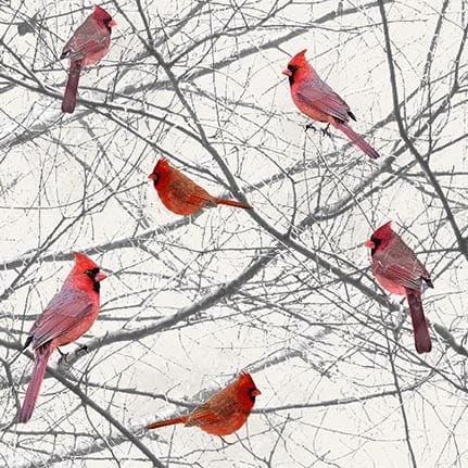 Cardinals Moose Lodge Henry Glass Christmas Cotton Fabric 100% Cotton 6620-48 White/Red Cardinals