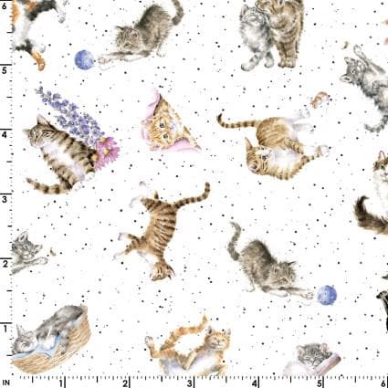 Tossed Cats on White 100% Cotton Fabric - MAS10414-W Whiskers & Paws Designer: Hannah Dale Cats - Continuous Cuts
