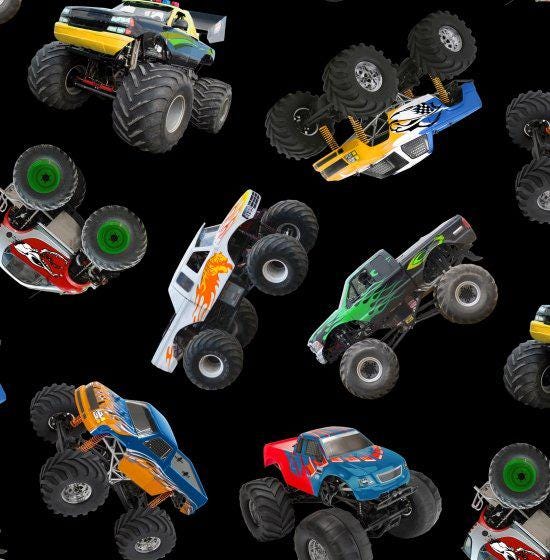 ES-In Motion 396 black - Monster Trucks Fabric 100% Cotton  Elizabeth's Studio Planes, Trains, Trucks