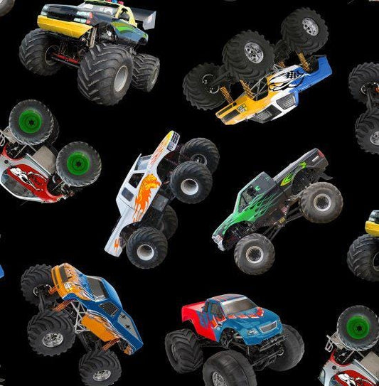 ES-In Motion 396 black - Monster Trucks Fabric 100% Cotton  Elizabeth's Studio Planes, Trains, Trucks