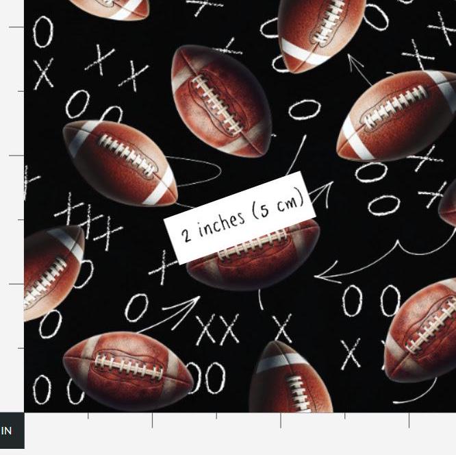 Tossed Footballs and Strategy on Black Fabric - 100% Cotton - Drewie Pie Fabrics - Continuous Cuts