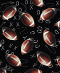 Tossed Footballs and Strategy on Black Fabric - 100% Cotton - Drewie Pie Fabrics - Continuous Cuts